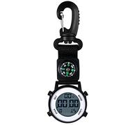 JewelryWe Karabineruhr Digital Clip on Quarzuhr Karabiner Taschenuhr mit Leuchtendem Zifferblatt Kalender Wecker Kompass, FOB Uhr für Ärzte Krankenschwestern Sanitäter Köche Sport Unisex Schwarz
