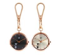 JewelryWe Katze Uhr mit Karabiner Schlüsselanhänger: 2 Stück Damen Karabineruhr süße Cartoon Katze Analog Quarz Taschenuhr mit Schwarz/Weiß Rundem Zifferblatt und Rosegold Gehäuse