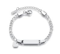 JewelryWe Kinder Baby Armband Figarokette: Silber Edelstahl Hochglanz Poliert ID Tag mit Herz Anhänger Figaro Kette Kinderarmband Babyarmband Armkette für Junge Mädchen