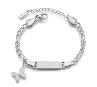 JewelryWe Kinder Baby Armband Figarokette: Silber Edelstahl Hochglanz Poliert ID Tag mit Schmetterling Anhänger Figaro Kette Kinderarmband Babyarmband Armkette für Junge Mädchen