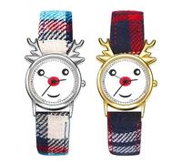 JewelryWe Kinderuhr Weihnachtsuhr Leder Hirsch - Geschenk für Junge Mädchen 2pcs Gold Silber Weihnachtshirsch Weihnachten Armbanduhr Kinder Analog Quarz Uhr mit Kariertem Leder Armband