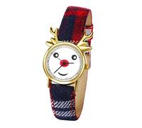 JewelryWe Kinderuhr Weihnachtsuhr Leder Hirsch - Geschenk für Junge Mädchen Gold Weihnachtshirsch Weihnachten Armbanduhr Kinder Analog Quarz Uhr mit Kariertem Leder Armband für Jugendliche