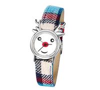 JewelryWe Kinderuhr Weihnachtsuhr Leder Hirsch - Geschenk für Junge Mädchen Silber Weihnachtshirsch Weihnachten Armbanduhr Kinder Analog Quarz Uhr mit Kariertem Leder Armband für Jugendliche