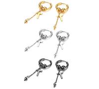JewelryWe Kreuz Spike Creolen Ohrringe: 3 Paar Set Edelstahl Huggie Creolen mit Kugeln & Baumende Kreuz Spike Lange Kette Gothic Punk Rock Hängende Ohrringe Quaste Ohrhänger Schmuck für Herren Damen