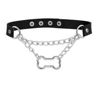 JewelryWe Leder Choker Halskette Damen: Gothic Punk Halsband mit Knochen Kette Verstellbare O-Ring Lederkette Silberne Gliederkette Halloween Festival Party Y2K Schmuck für Frauen Mädchen