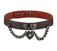 JewelryWe Leder Halsband Herz Choker: Damen Herren Braun Lederhalsband mit Herz Schloss Sperren Kette Anhänger Gothic Punk Kragen Halskette 38,5cm Lederkette für Männer Frauen