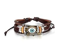 JewelryWe Lederarmband Herren Damen Auge: Vintage Tribal Mehrschichtig Leder geflochten Armband Armreif Surferarmband mit Auge des Bösen Blick Nazar Perlen Beads 20.5-27.5cm Verstellbar Braun