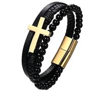 JewelryWe Lederarmband Herren Kreuz Edelstahl - Gold Retro Kreuz mehrschichtig geflochten Leder Armband mit Gravur Männer Armreif Perlenarmband Kugelarmband Manschette