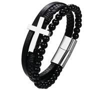 JewelryWe Lederarmband Herren Kreuz Edelstahl - Silber Retro Kreuz mehrschichtig geflochten Leder Armband mit Gravur Männer Armreif Perlenarmband Kugelarmband Manschette