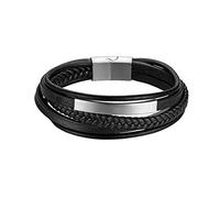 JewelryWe Lederarmband Herren Leder Armband: Schwarz Echtleder Edelstahl Ident-Armband mehrreihig handgemacht geflochten Manschette Armreif Wickelarmband mit Silber Gravurplatte Vintage Punk Schmuck