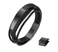 JewelryWe Lederarmband Herren Leder Armband: Schwarz Mehrschichtig Geflochten Manschette Armreif mit Edelstahl Gravurplatte & Magnetverschluss Verstellbar Wickelarmband Punk Biker