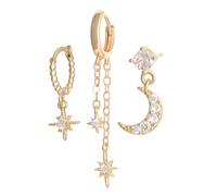 JewelryWe Mond Stern Ohrringe Set: 3er Creolen Hängeohrringe mit Funkelndem Zirkonia Asymmetrische Ohrhänger Fashion Hoop Earrings Ohrstecker Party Alltag Celestial Schmuck für Frauen Mädchen, Gold
