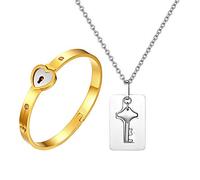 JewelryWe Paar Armband Halskette Set: 2pcs Edelstahl Herz Schloss Sperren Armreif Armspange Schlüssel Hundemarke Dog Tag Anhänger Kette Pärchen Schmuckset Valentinstag Lieben Geschenk für Herren Damen