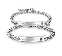 JewelryWe Paar Armband Panzerkette Partnerarmband: 2pcs Freundschaftsarmband Edelstahl Zirkonia Verstellbare Armkette Armreifen mit Gravur Ich Bin Dein & Du bist Mein Pärchen Geschenk für sie und ihn