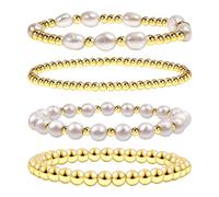 JewelryWe Perlenarmband Damen Elastisch Armband: 4pcs Gold Barock Süßwasser-Zuchtperlen Edelstahl Stretch-Armband Mehrschichtig Perlen Enewton Armbänder Stapelbare Armkette Armreif Geschenk