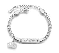 JewelryWe Personalisiert Armband Kinder Figarokette: Silber Edelstahl Hochglanz Poliert Krone Figaro Kette Kinderarmband Babyarmband Armkette mit Gravur für Junge Mädchen Baby