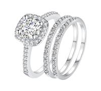 JewelryWe Ring Damen Edelstahl Verlobungsring: 3er Set Damen-Ring Glänzende Quadratische Zirkonia Charm Eheringe Trauringe Stapelbare Versprechen Hochzeit Band Stapelringe für Frauen Silber Größe 67