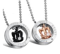 JewelryWe Schmuck 2 Freundschaftsketten Edelstahl Keep Me in Your Heart Gravur Krone Ring Partner Anhänger mit Halsketten Pärchen Paar Ketten für Damen Herren