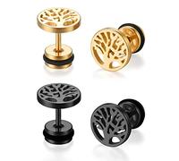 JewelryWe Schmuck 2 Paar Baum des Lebens Ohrstecker, Edelstahl Lebensbaum Runde Kreis Ohrringe für Herren Damen Tunnel Plug Ohrpiercing Barbell Stud Schwarz Gold