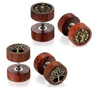 JewelryWe Schmuck 2 Paare 10mm Gauge 00G Herren Damen Holz Ohrstecker Fake Tunnel Plug Cheater Illusion Baum des Lebens Löwe Löwenkopf Tunnel Barbell Stud Ohrring Set