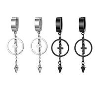 JewelryWe Schmuck 2 Paare Ohrringe Set Edelstahl Creolen Huggie Ohr Manschette Ohrstecker mit Kreuz Rund Kreis und Lange Kette Spike Kegel Anhänger für Herren Damen Silber/Schwarz