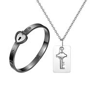 JewelryWe Schmuck 2pcs Armband Halskette Pärchen Schmuckset, Edelstahl Herz Sperren Armreif & Schlüssel Hundemarke Dog Tag Anhänger Kette Set Valentinstagsgeschenk für Herren Damen, Schwarz Silber