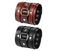 JewelryWe Schmuck 2pcs Herren Breit Lederarmband Gotik Ring Kreis Nieten geflochten Leder Armreif Manschette Druckknopf Punk Rock Biker Armband verstellbar Schwarz/Rot