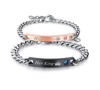 JewelryWe Schmuck 2pcs Herren Damen Pärchen Armband, Lieben Freundschaftsarmband Paar Geschenk, Her King & His Queen Krone, Edelstahl Zirkonia, Schwarz Rosegold Silber, kostenlos Gravur