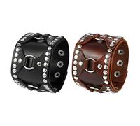JewelryWe Schmuck 2pcs Herren Retro Breit Lederarmband Punk Rock Ring Kreis Nieten geflochten Leder Armreif Manschette Druckknopf Biker Armband verstellbar Schwarz/Braun