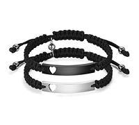 JewelryWe Schmuck 2pcs Pärchen Armband Lederarmband mit Magnet Kugel Herz Hochglanz Poliert Edelstahl Leder geflochten Partnerarmband Freundschaftsarmband Paar Armreifen Verstellbar, Schwarz Silber