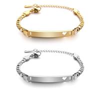 JewelryWe Schmuck 2pcs Personalisierte Armband Herren Damen mit Gravur Edelstahl Herz Figaro Kette ID Armkette Figaro-Armband Verstellbar Kettenarmband Silber/Gold