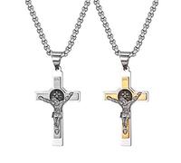 JewelryWe Schmuck 2pcs Retro Herren Halskette Edelstahl Saint St. Benedikt Jesus Christus Kreuz INRI Anhänger 22 Zoll Kette mit kostenlos Gravur, Gold Silber