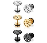 JewelryWe Schmuck 3 Paar Baum des Lebens Ohrstecker, Edelstahl Lebensbaum Runde Kreis Ohrringe für Herren Damen Tunnel Plug Ohrpiercing Barbell Stud Silber Schwarz Gold