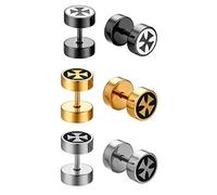 JewelryWe Schmuck 3 Paar Fake Plug Ohrstecker Edelstahl Eisernes Kreuz EK Fakeplug Tunnel Ohrringe Ohr-Piercing für Herren Damen Silber Gold Schwarz