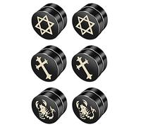 JewelryWe Schmuck 3 Paar Magnet Ohrringe Set Edelstahl Rund Fake Plug Magnetische Ohrstecker für Herren Damen Ohr Clips Tunnel Non-Piercing Hip Hop Punk Davidstern Kreuz Skorpion Schwarz 10MM
