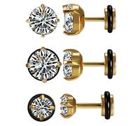 JewelryWe Schmuck 3 Paare Herren Damen Ohrringe, 5~9mm Runde Zirkonia Edelstahl Klassisch Ohrstecker Ohrschmuck, Gold