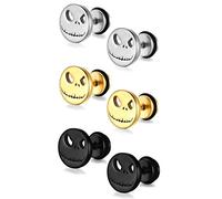JewelryWe Schmuck 3 Paare Herren Ohrstecker Damen Halloween Nightmare Schädel Gesicht Edelstahl Tunnel Fakeplug Ohrringe Ohrpiercing Vatertag Muttertag Geschenk