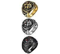 JewelryWe Schmuck 3 PCS Herren-Ring Edelstahl Gothic Biker Siegelring Vintage Löwe Löwenkopf Ringe Bandring mit Gravur Silber Gold Schwarz Größe 67