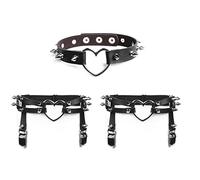 JewelryWe Schmuck 3 Stück Leder Strumpfband Halsband Set Damen Gotik Punk Herz Spike Nieten Choker Halskette Oberschenkel Strumpfgürtel Harness Suspender Strapsbänder Ledergeschirr Verstellbar