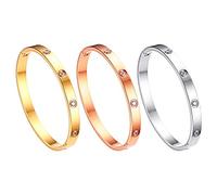 JewelryWe Schmuck 3pcs Damen Armreif Edelstahl Zirkonia einfache Stil Liebe Armband 6mm breit mit Schließe größere Armspange Gravur Silber/Gold/Rosegold