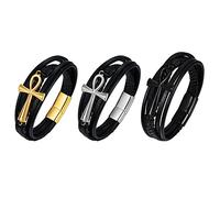 JewelryWe Schmuck 3pcs Herren Lederarmband, Retro Ägyptische Ankh Kreuz Edelstahl Leder Armband Armreif Manschette, Schwarz Gold Silber