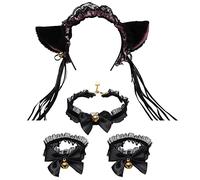 JewelryWe Schmuck 4 PCS Haarreif Halskette Armbänder Set Schwarz Spitze Katzenohren Haarband Stirnband Choker Kette Halsband Armreifen Damen Katze Kostüm für Halloween Cosplay