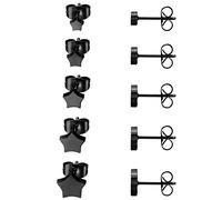 JewelryWe Schmuck 5 Paare Ohrstecker Set, Edelstahl Stern Pentagramm poliert Ohrringe Ohr-Schmuck für Damen & Herren, Schwarz, Breite 4,5,6,7,8mm