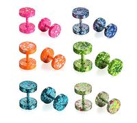 JewelryWe Schmuck 6 Paar Set 8MM Edelstahl Double Flared Fake Plug Ohrstecker Ohrpiercing Cheater Illusion Tunnel Barbell Stud Ohrringe Camouflage Unisex