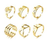 JewelryWe Schmuck 6pcs Damen-Ring Elegant Schmetterling Baum des Lebens Herz Krone Infinity Unendlichkeit Zeichen Geschichtet Edelstahl Offene Ringe für Frau Mädchen Gold