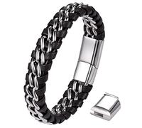 JewelryWe Schmuck Armband Herren Lederarmband Edelstahl Echtleder Echtes Leder Geflochten Verstellbar Armreif Handgelenk Manschette mit abnehmbarem Magnetverschluss, Braun Silber