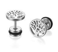 JewelryWe Schmuck Baum des Lebens Ohrstecker, Edelstahl Lebensbaum Runde Kreis Ohrringe für Herren Damen Tunnel Plug Ohrpiercing Barbell Stud Silber