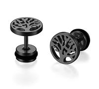 JewelryWe Schmuck Baum des Lebens Ohrstecker, Edelstahl Lebensbaum Runde Kreis Ohrringe für Herren Damen Tunnel Plug Ohrpiercing Barbell Stud Schwarz