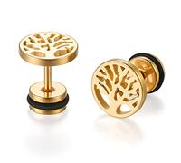 JewelryWe Schmuck Baum des Lebens Ohrstecker, Edelstahl Lebensbaum Runde Kreis Ohrringe für Herren Damen Tunnel Plug Ohrpiercing Barbell Stud Gold