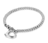 JewelryWe Schmuck Charme Damen Kugel Perlen Armband,Handgelenk Kugel Perlenkette mit Herz Anhänger, Edelstahl Armreif, Silber
